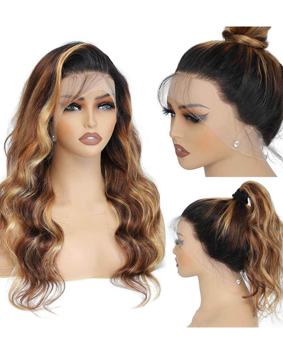 Ombre Brown Black Roots Body Wave Highlight HD Transparent Lace Frontal Wigs