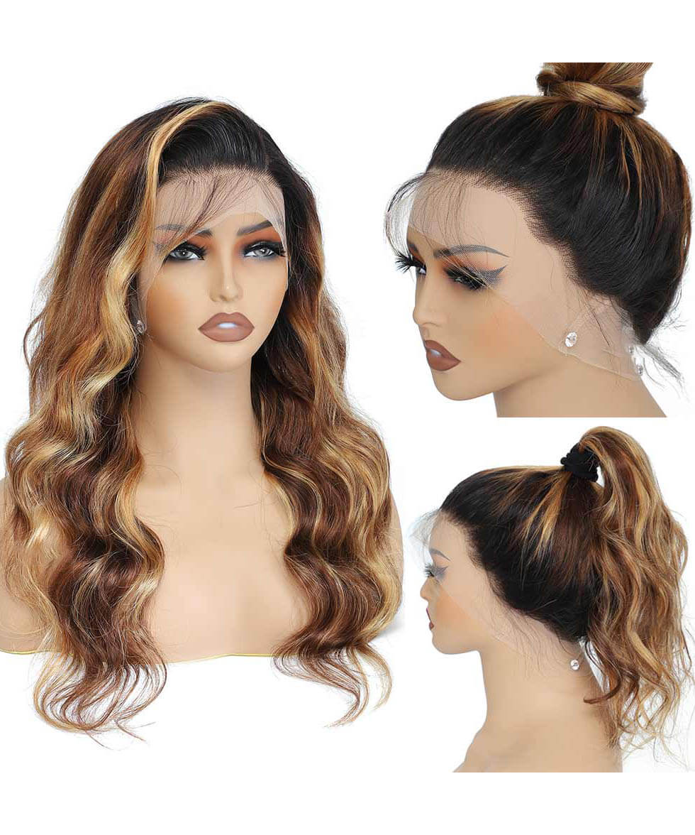 Ombre Brown Black Roots Body Wave Highlight HD Transparent Lace Frontal Wigs