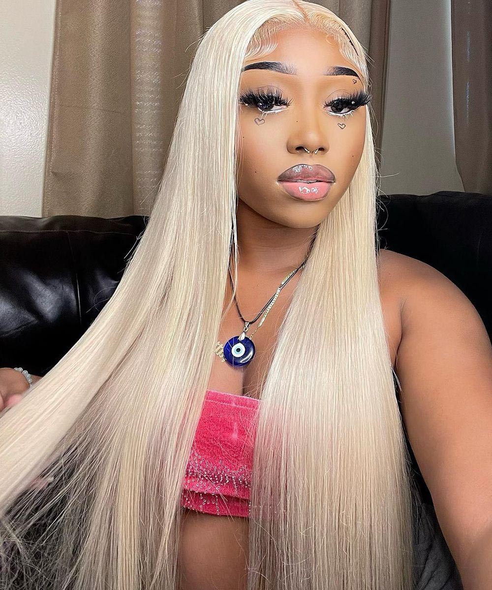 613 Blonde Straight Human Hair Lace Front Wigs 180% Density