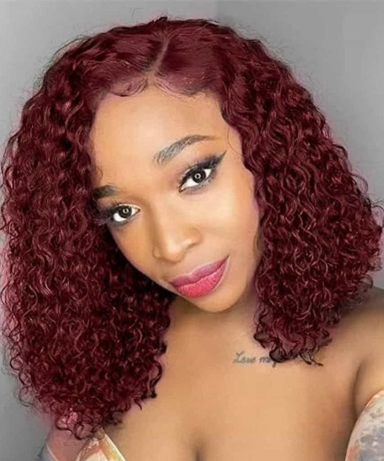 Burgundy 99J Curly Human Hair Wigs Bob Wig 13x4 Lace Front Wigs Pre Plucked 180% Density