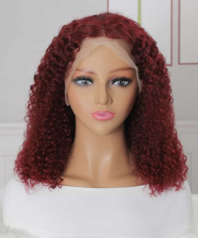 Burgundy 99J Curly Human Hair Wigs Bob Wig 13x4 Lace Front Wigs Pre Plucked 180% Density