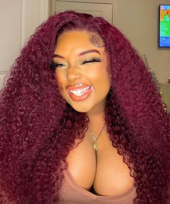 99J Burgundy Curly Hair Undetectable Glueless HD Lace Frontal Wig