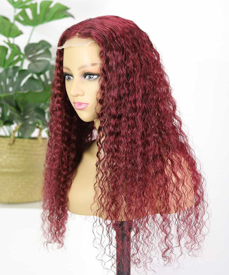99J Burgundy Color Water Wave 4x4 Lace Closure Wig 180% Density