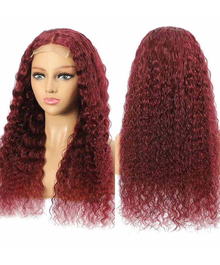 99J Burgundy Color Water Wave 4x4 Lace Closure Wig 180% Density