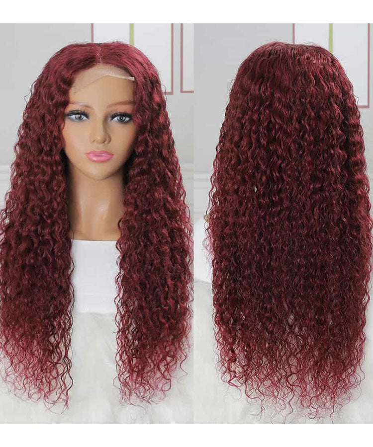 99J Burgundy Color Water Wave 4x4 Lace Closure Wig 180% Density
