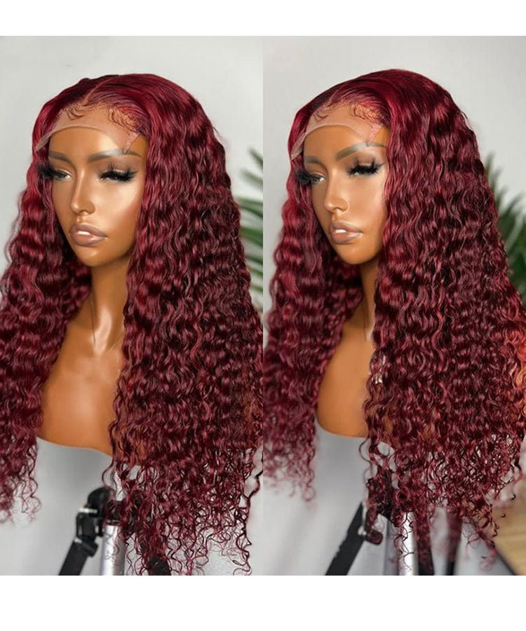 99J Burgundy Color Water Wave 4x4 Lace Closure Wig 180% Density