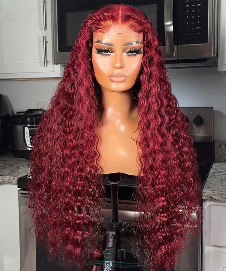 99J Burgundy Color Water Wave 4x4 Lace Closure Wig 180% Density