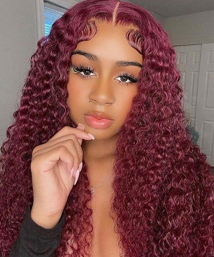 99J Burgundy Color Water Wave 4x4 Lace Closure Wig 180 Density