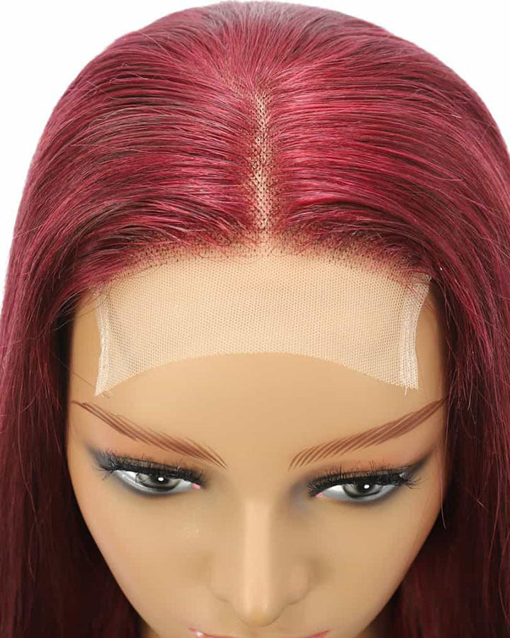 99J Wig Silky Straight Burgundy 4x4 Transparent HD Lace Closure Human Hair Wigs Pre Plucked