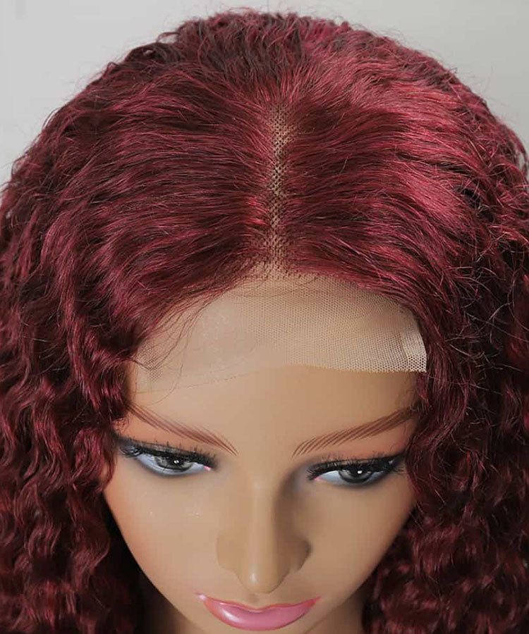 99J Burgundy Color Water Wave 4x4 Lace Closure Wig 180% Density