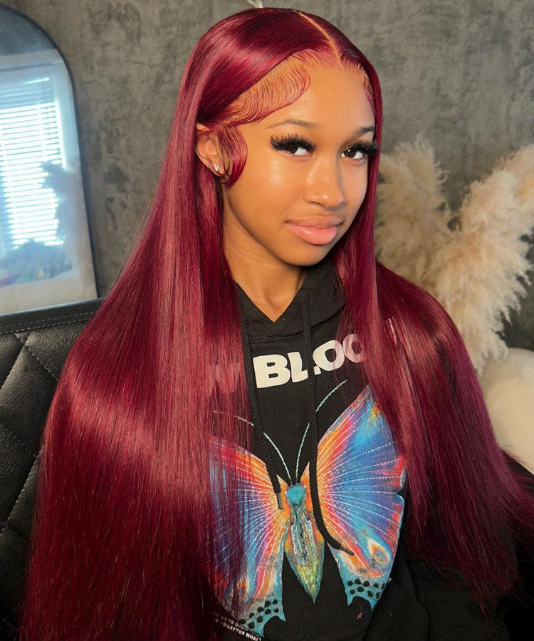 99J Wig Silky Straight Burgundy 4x4 Transparent HD Lace Closure Human Hair Wigs Pre Plucked