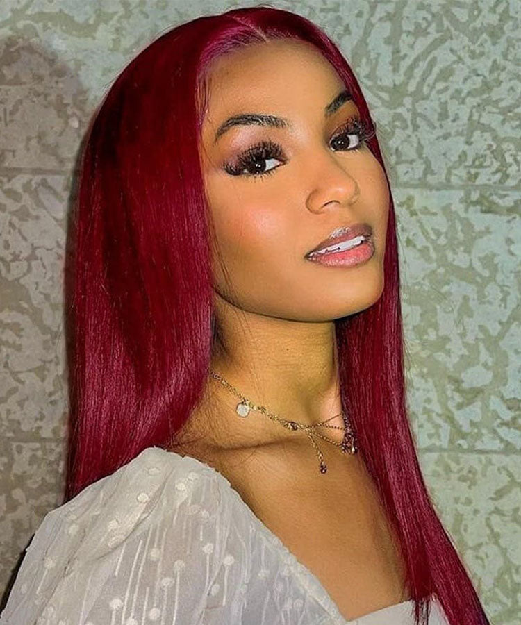 99J Wig Silky Straight Burgundy 4x4 Transparent HD Lace Closure Human Hair Wigs Pre Plucked