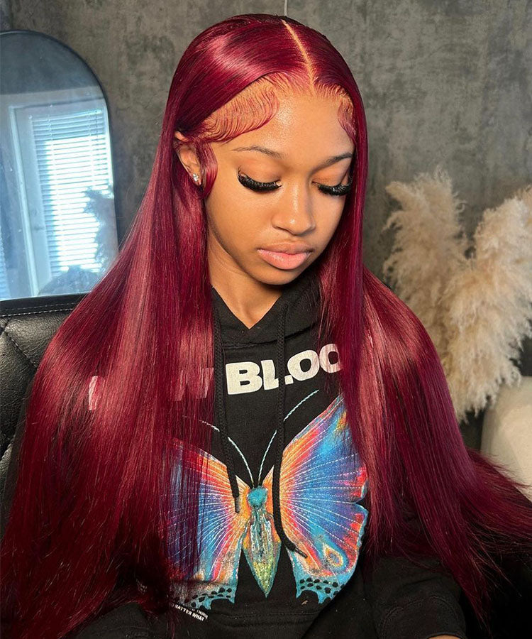 99J Wig Silky Straight Burgundy 4x4 Transparent HD Lace Closure Human Hair Wigs Pre Plucked