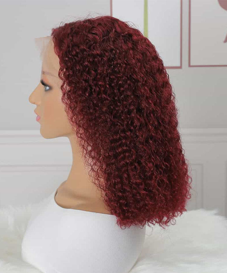 Burgundy 99J Curly Human Hair Wigs Bob Wig 13x4 Lace Front Wigs Pre Plucked 180% Density