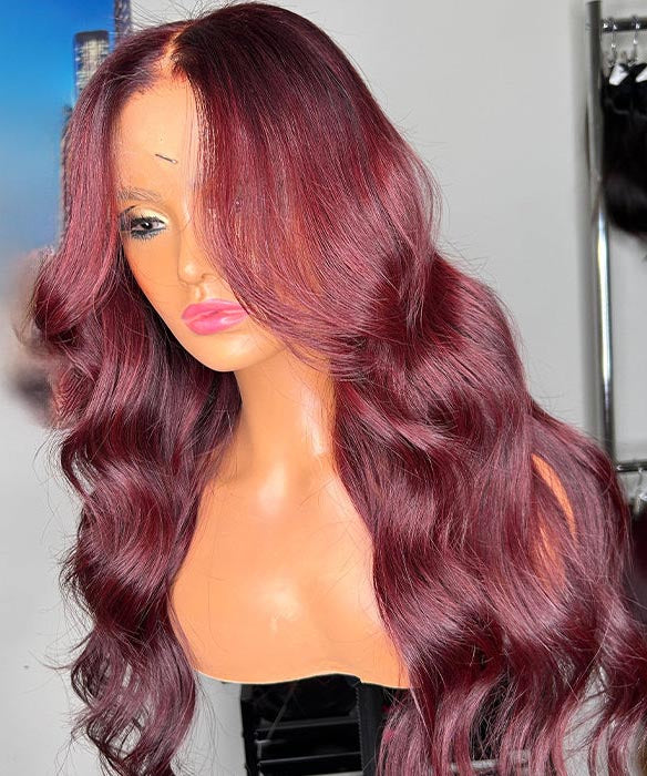 99J Burgundy Curtain Bangs Body Wave Human Hair Glueless HD Lace Wigs