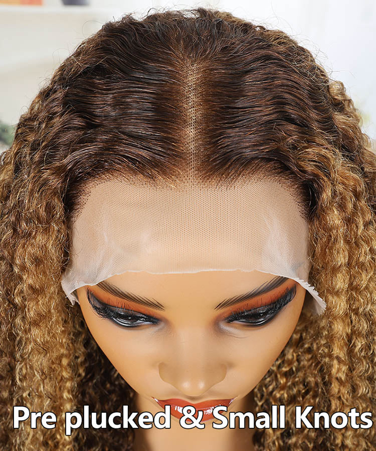 13x4 Honey Blonde Highlight Wig Curly Human Hair Wig Transparent Lace Pre Plucked