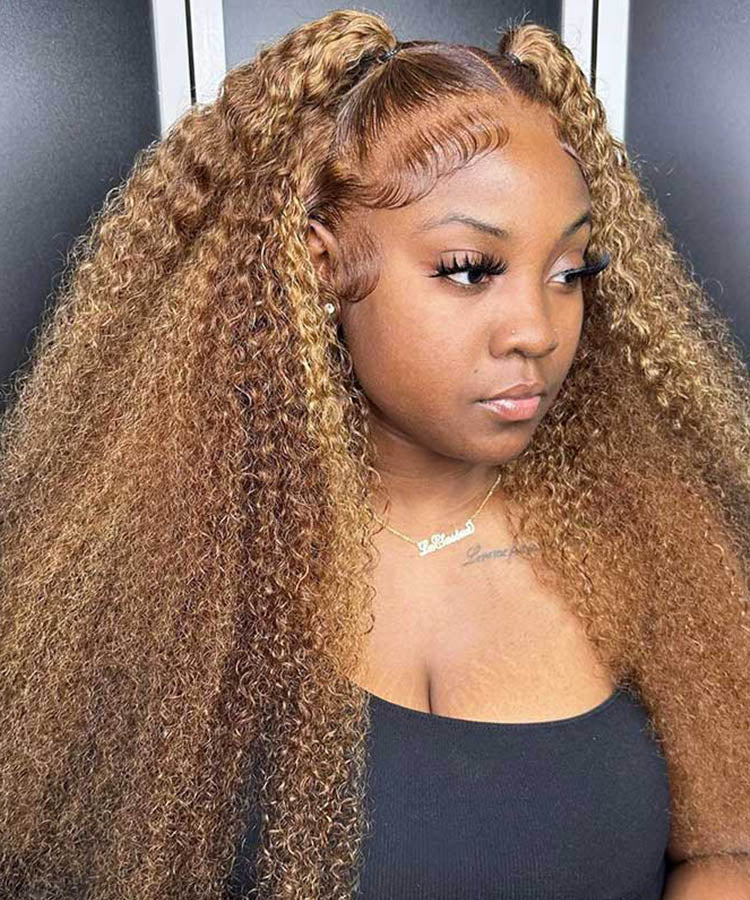 13x4 Honey Blonde Highlight Wig Curly Human Hair Wig Transparent Lace Pre Plucked