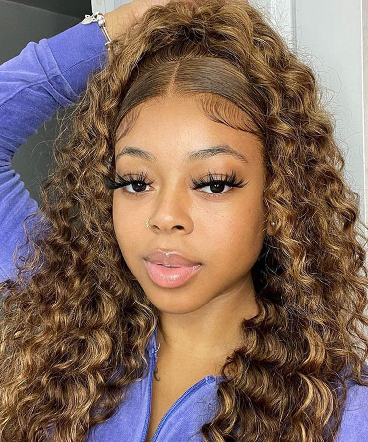 13x4 Honey Blonde Highlight Wig Curly Human Hair Wig Transparent Lace Pre Plucked