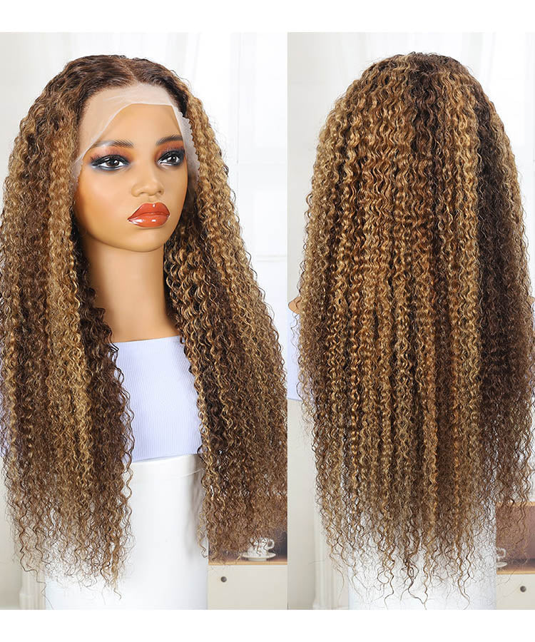 13x4 Honey Blonde Highlight Wig Curly Human Hair Wig Transparent Lace Pre Plucked