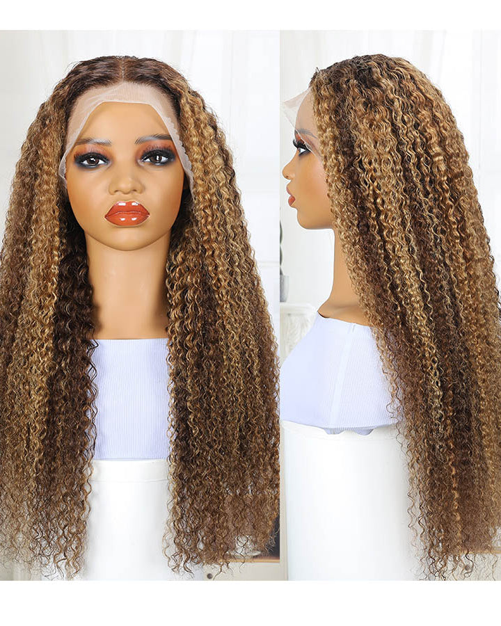 13x4 Honey Blonde Highlight Wig Curly Human Hair Wig Transparent Lace Pre Plucked