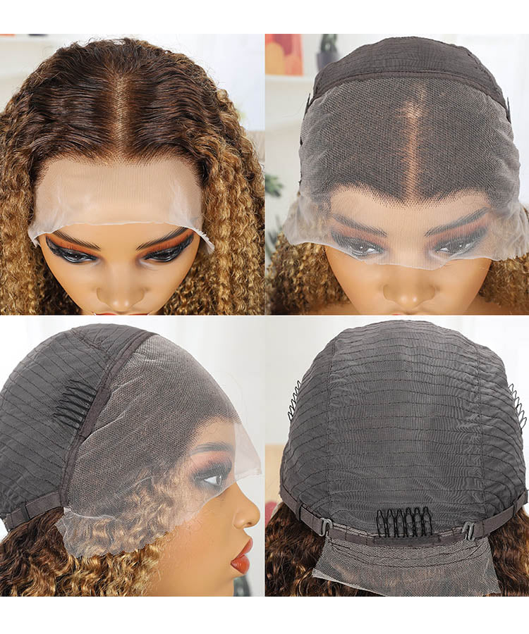 13x4 Honey Blonde Highlight Wig Curly Human Hair Wig Transparent Lace Pre Plucked