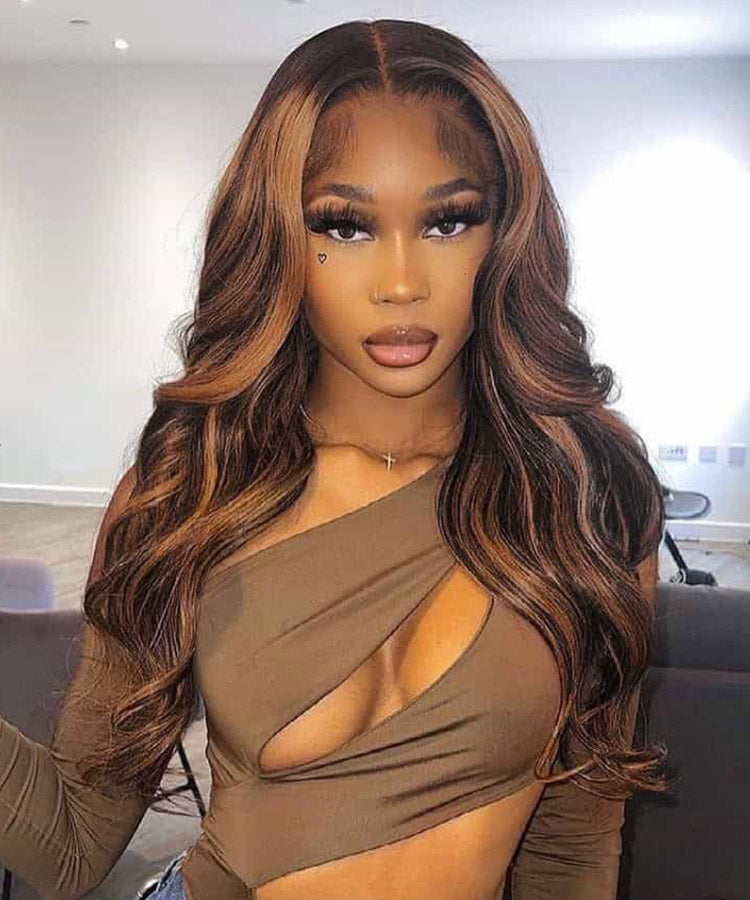 Highlight Body Wave Human Hair Wigs 13x6 Transparent Lace Frontal Wig Pre Plucked