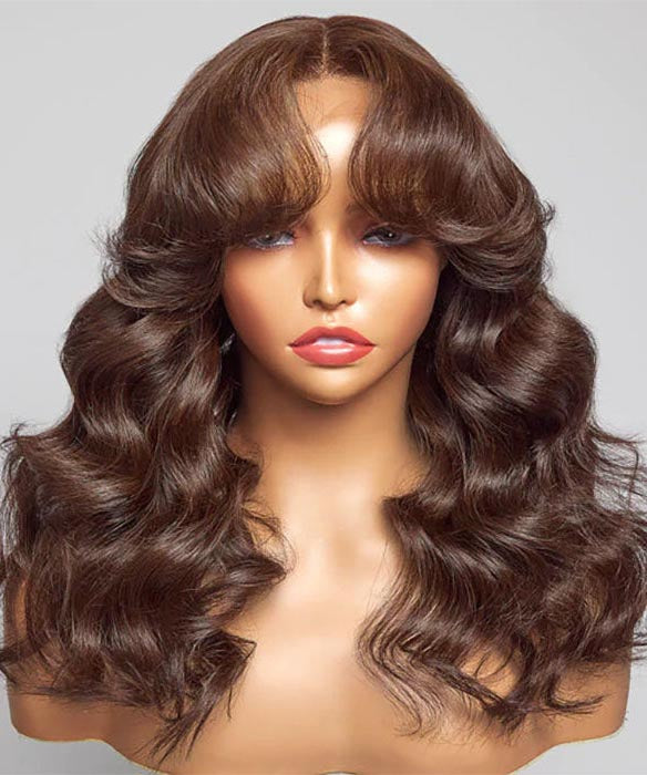 Chestnut Brown Curtain Bangs 13x4/5x5 HD Lace Body Wave Glueless Wig