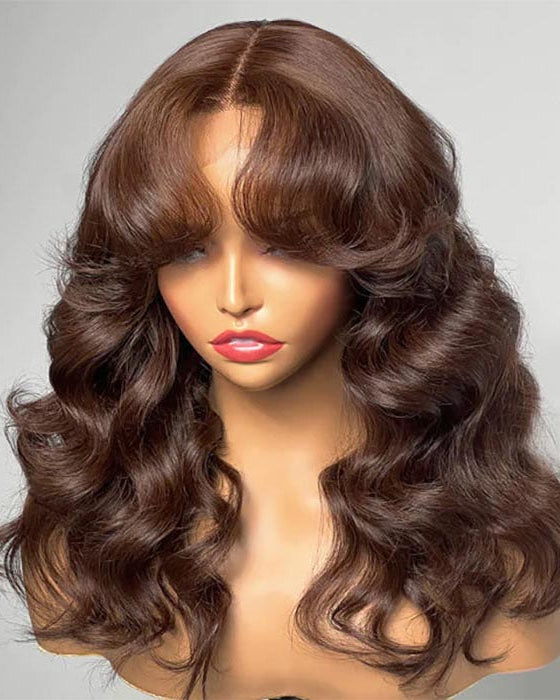 Chestnut Brown Curtain Bangs 13x4/5x5 HD Lace Body Wave Glueless Wig