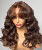 Chestnut Brown Curtain Bangs 13x4/5x5 HD Lace Body Wave Glueless Wig