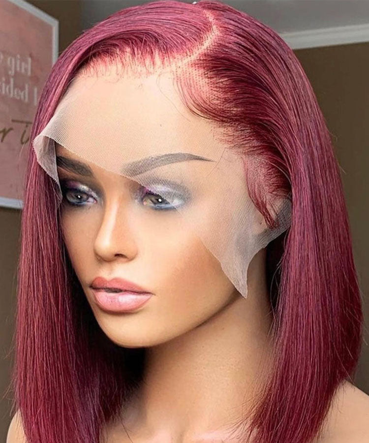 Burgundy 99J Human Hair Wigs Bob Wig 13x4 Straight Lace Front Wigs Pre Plucked 180% Density