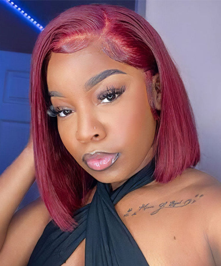 Burgundy 99J Human Hair Wigs Bob Wig 13x4 Straight Lace Front Wigs Pre Plucked 180% Density