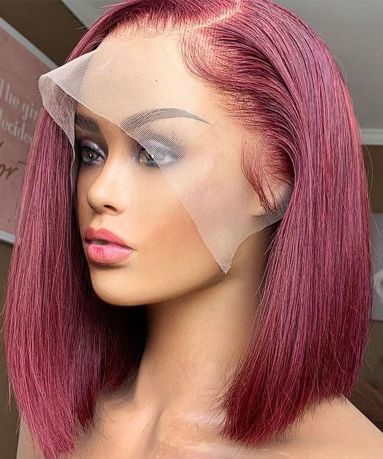 Burgundy 99J Human Hair Wigs Bob Wig 13x4 Straight Lace Front Wigs Pre Plucked 180% Density