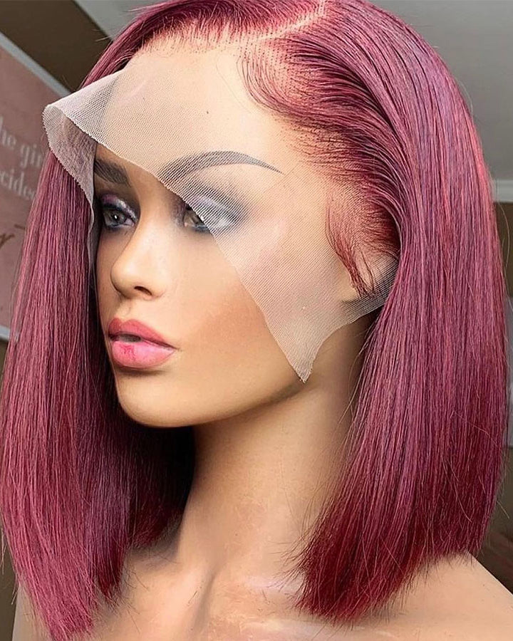 Burgundy 99J Human Hair Wigs Bob Wig 13x4 Straight Lace Front Wigs Pre Plucked 180% Density