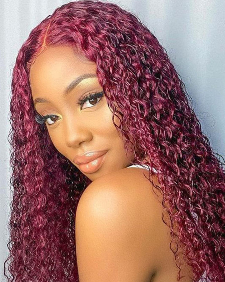 99J Burgundy Color Water Wave Hair 13x4 Lace Front Wigs With Baby Hair