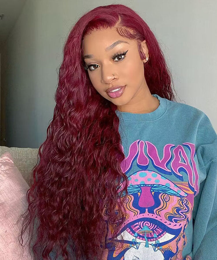 99J Burgundy Color Water Wave Hair 13x4 Lace Front Wigs With Baby