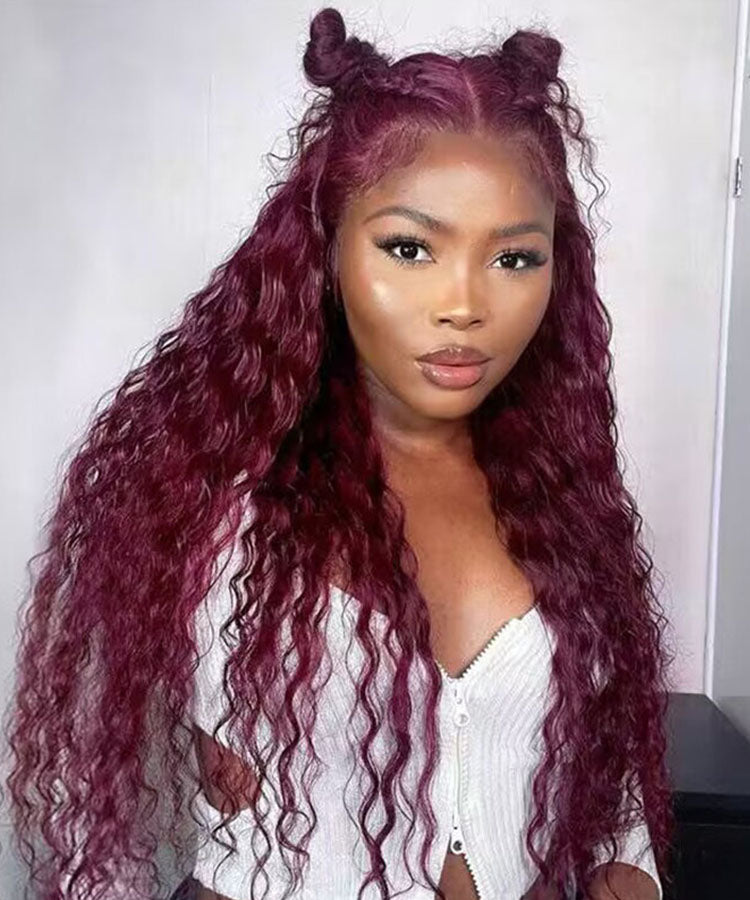 99J Burgundy Color Water Wave Hair 13x4 Lace Front Wigs With Baby Hair