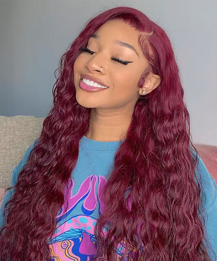 99J Burgundy Color Water Wave Hair 13x4 Lace Front Wigs With Baby Hair