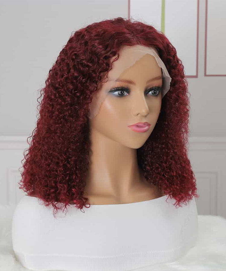 Burgundy 99J Curly Human Hair Wigs Bob Wig 13x4 Lace Front Wigs Pre Plucked 180% Density