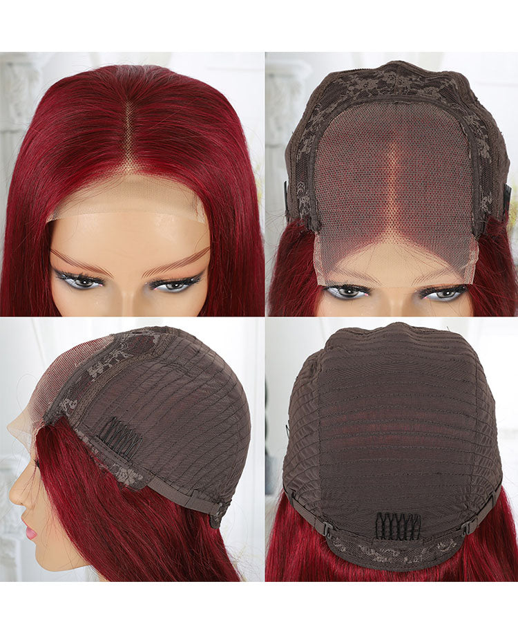 99J Wig Silky Straight Burgundy 4x4 Transparent HD Lace Closure Human Hair Wigs Pre Plucked