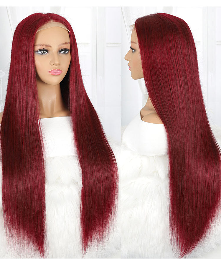 99J Wig Silky Straight Burgundy 4x4 Transparent HD Lace Closure Human Hair Wigs Pre Plucked