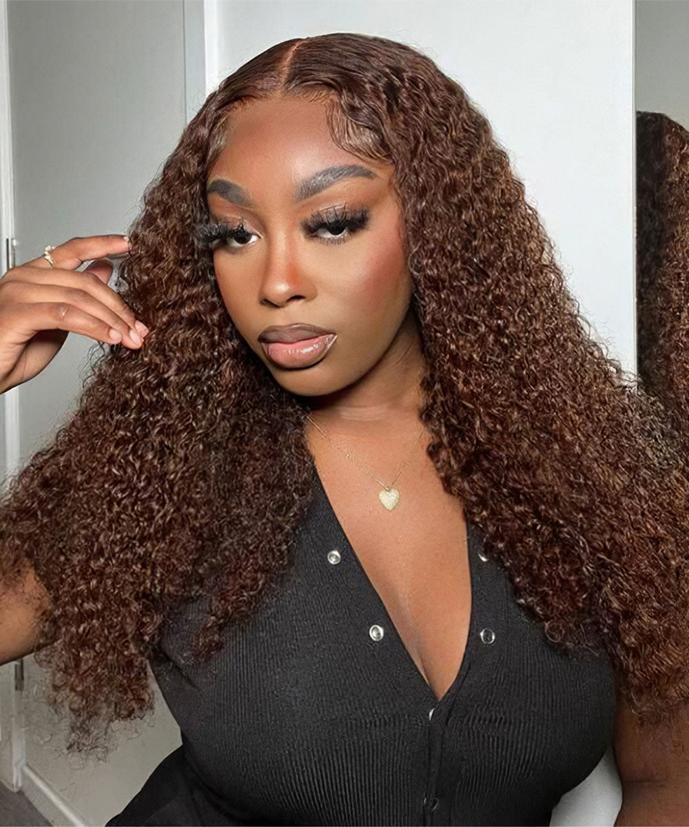#4 Chocolate Brown Kinky Curly Hair Glueless 13x4 HD Lace Frontal Human Hair Wig
