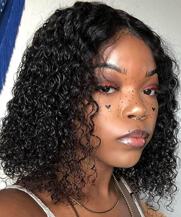 Short Curly Bob Wig Human Hair Lace Front Wigs Pre Plucked 180% Density