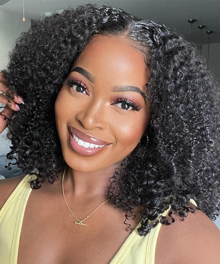 Short Curly Bob Wig Human Hair Lace Front Wigs Pre Plucked 180% Density