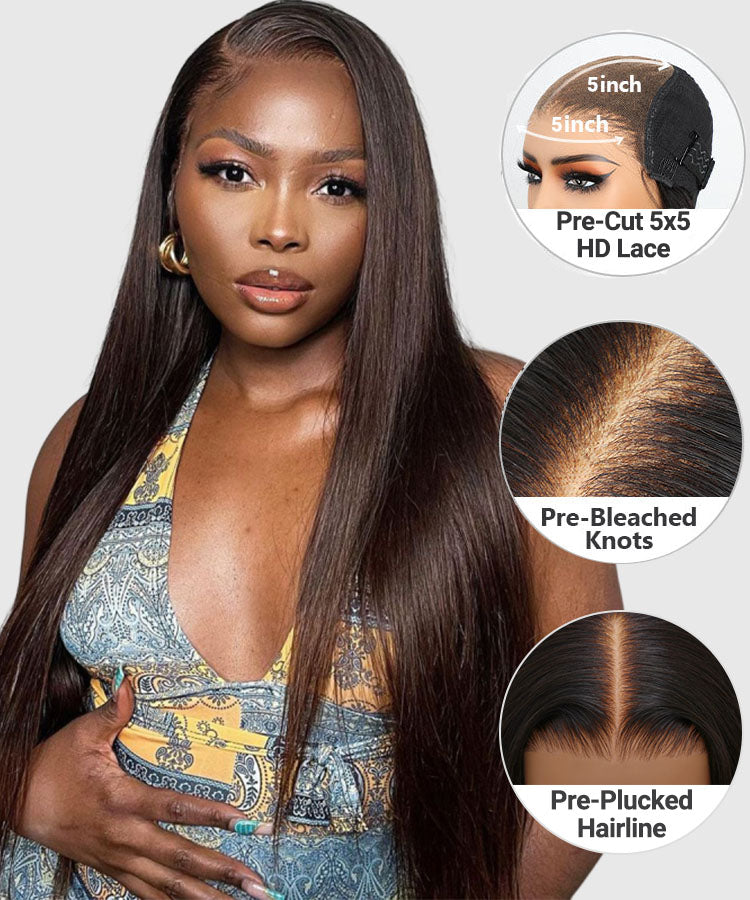 Pre-cut Lace Wig Dark Brown Straight Hair Wear & Go Glueless Human Hair Wigs