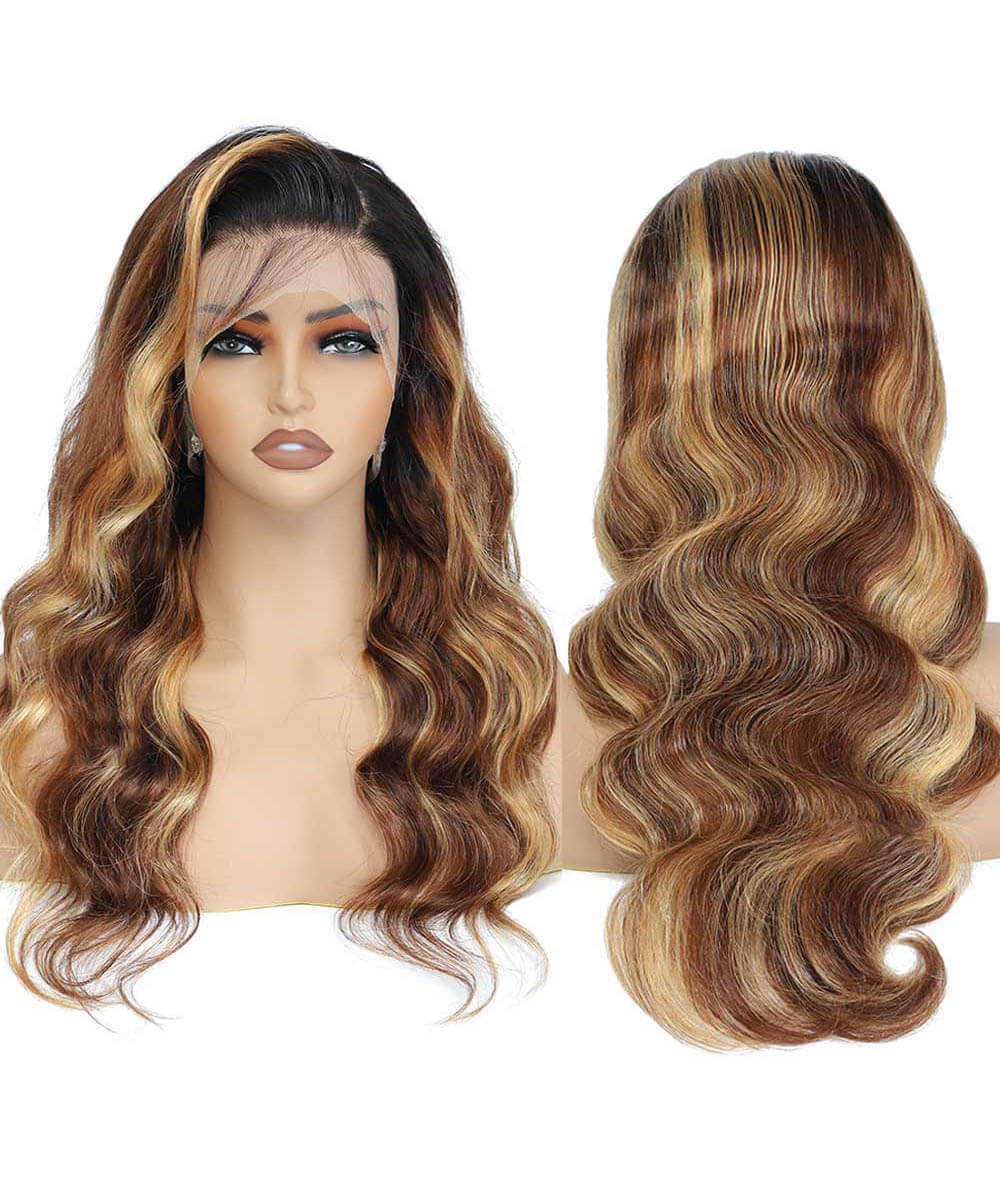 Ombre Brown Black Roots Body Wave Highlight HD Transparent Lace Frontal Wigs