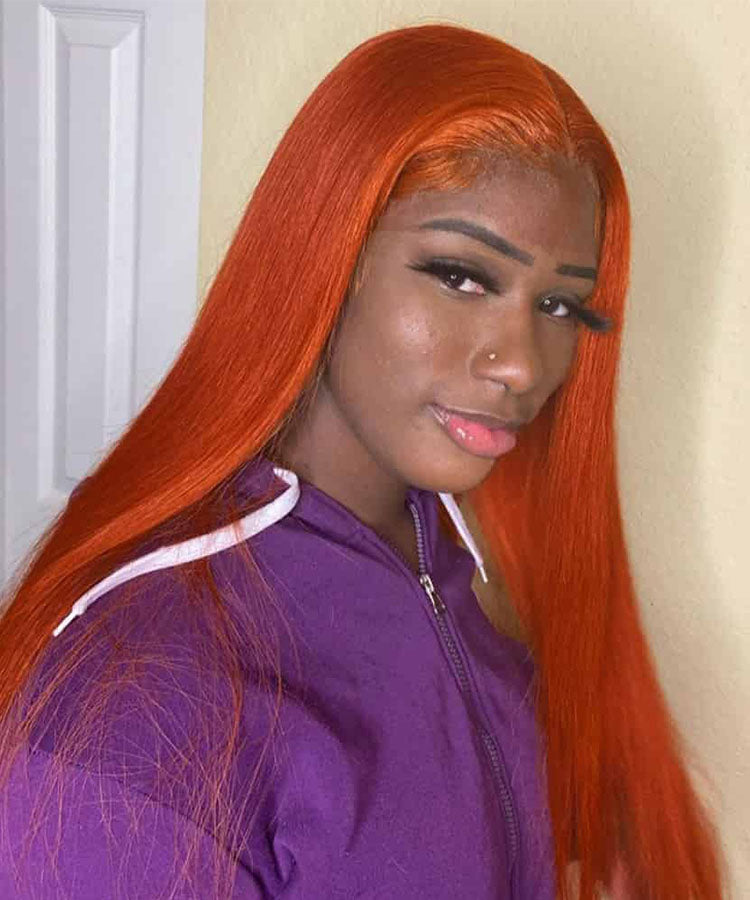 Ginger Color 13×4 Straight Transparent Lace Frontal Wig 180% Density Straight Human Hair Wigs