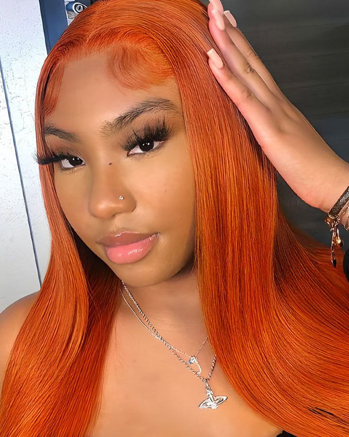 Ginger Color 13×4 Straight Transparent Lace Frontal Wig 180% Density Straight Human Hair Wigs