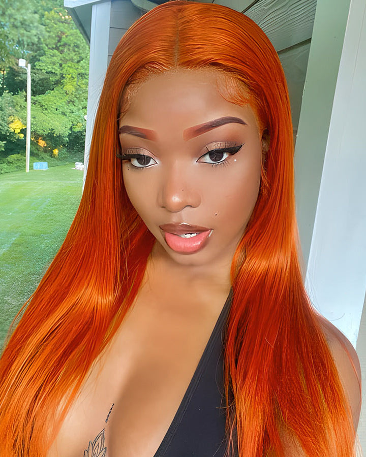 Ginger Color 13×4 Straight Transparent Lace Frontal Wig 180% Density Straight Human Hair Wigs