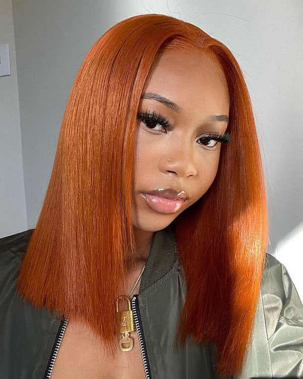 Straight Orange Ginger Colored Bob Wigs Blunt Cut Wig Shoulder Length Hair