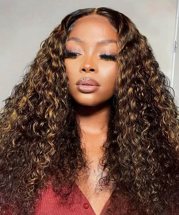 Highlight Curly Human Hair Wig 13x4 Lace Frontal Wig Pre Plucked